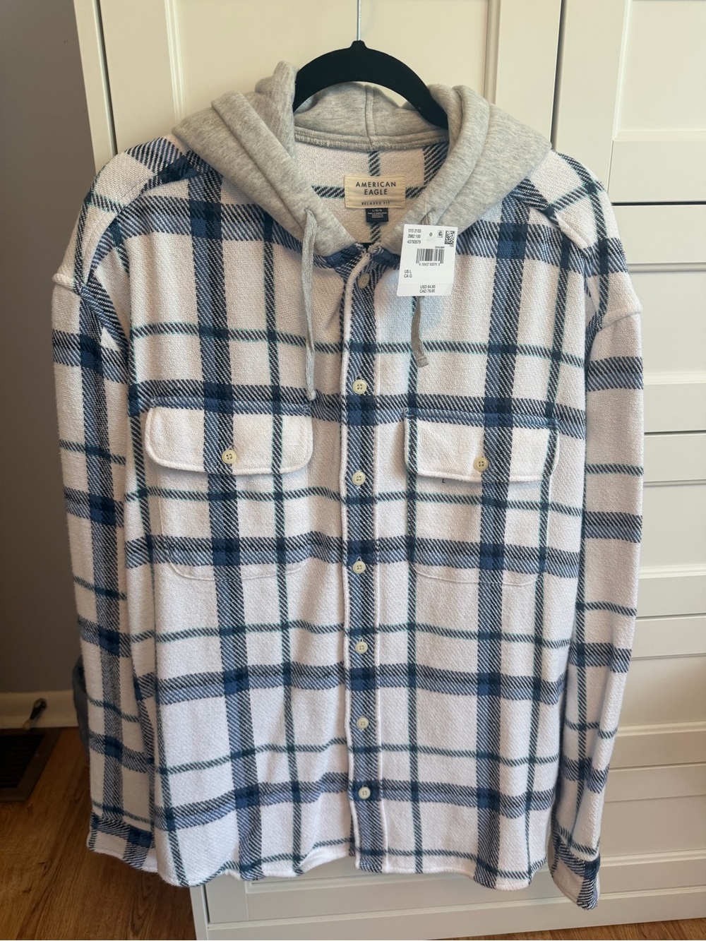 Men’s American Eagle Outfitters White & Blue Plaid Hooded Flannel